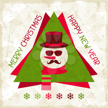 Merry Christmas background with snowman in hipster style.