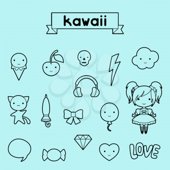 Set of decorative design elements kawaii doodles.