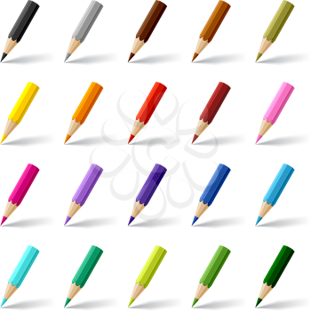 Collection of colored pencils on white background.