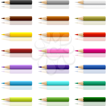 Collection of colored pencils on white background.