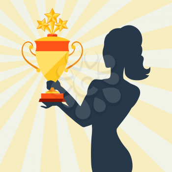 Silhouette of girl holding prize cup.