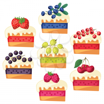 Set of cakes with various berry filling.