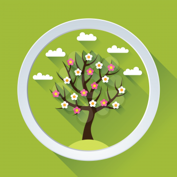 Background with spring tree in flat design style.