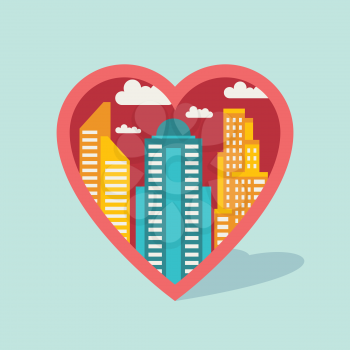 Cityscape background with buildings in shape of heart.