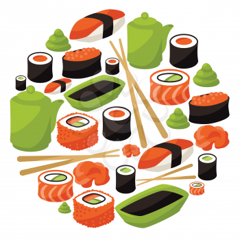 Background with sushi. Japanese traditional cuisine illustration.