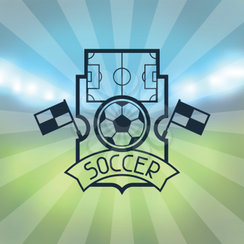 Sports label with soccer symbols on blurred stadium background.