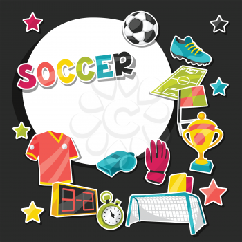 Sports background with soccer sticker symbols in cartoon style.