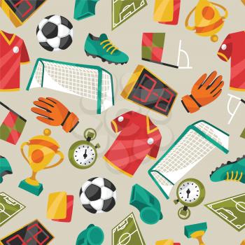 Sports seamless pattern with soccer football symbols in cartoon style.
