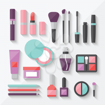 Set of colored cosmetics icons in flat style.