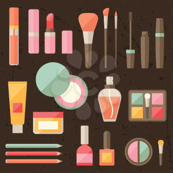 Set of colored cosmetics icons in flat style.