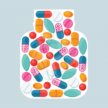 Medical background with pills and capsules in shape of bottle.