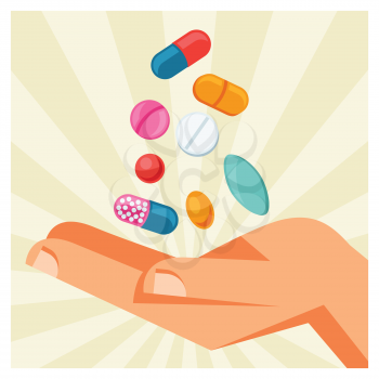 Illustration of hand holding various pills and capsules.