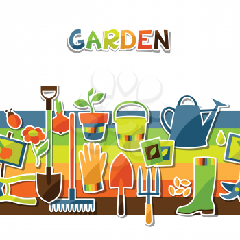 Background with garden sticker design elements and icons.