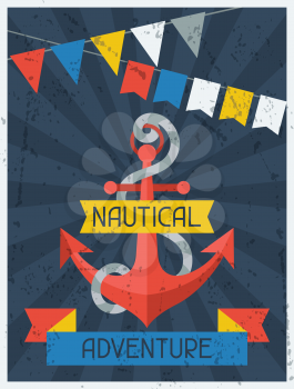 Nautical Adventure. Retro poster in flat design style.