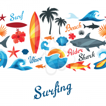 Seamless pattern with surfing design elements and objects.