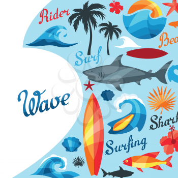 Background with surfing design elements and objects.