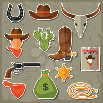 Wild west cowboy objects and stickers set.
