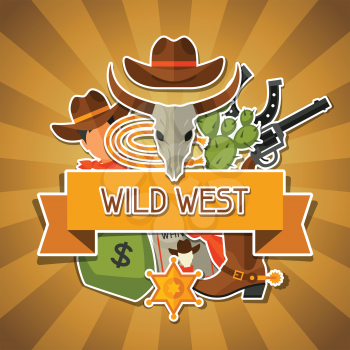 Wild west background with cowboy objects and stickers.