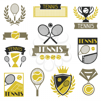 Tennis banners, ribbons and badges with icons.