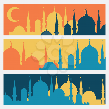Horizontal banners with Islamic mosques in flat design style.