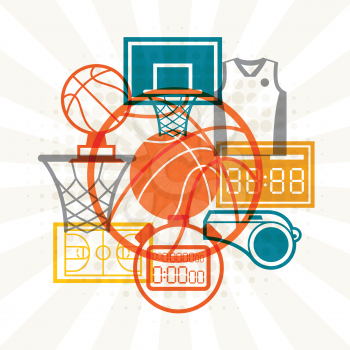 Sports background with basketball icons in flat style.