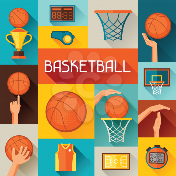 Sports background with basketball icons in flat style.