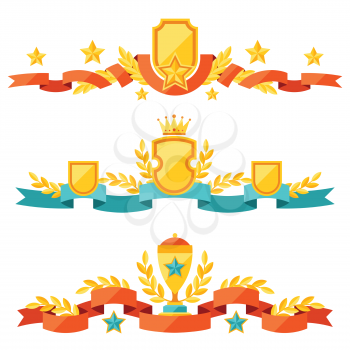 Decor with ribbons and awards in flat design style.