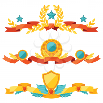Decor with ribbons and awards in flat design style.