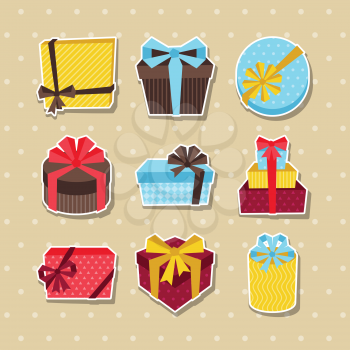 Celebration sticker icon set of colorful gift boxes.