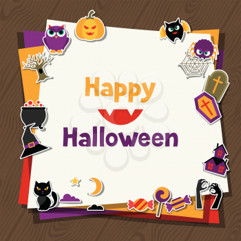 Happy halloween greeting card with flat sticker icons.