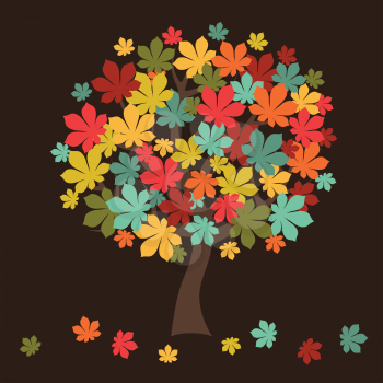 Stylized autumn tree with falling leaves for greeting card.