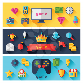 Horizontal banners with game icons in flat design style.