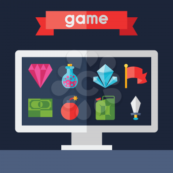 Background with game icons in flat design style.