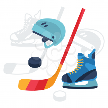 Hockey equipment icons set in flat design style.