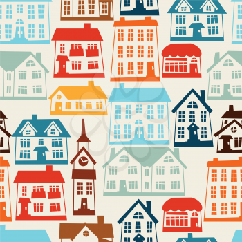 Town seamless pattern with cute colorful houses.