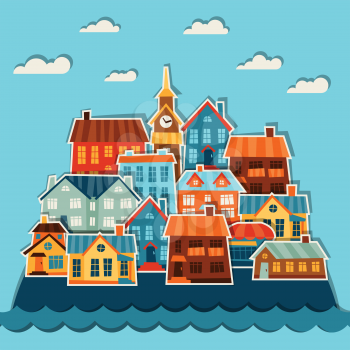 Town background design with cute colorful sticker houses.