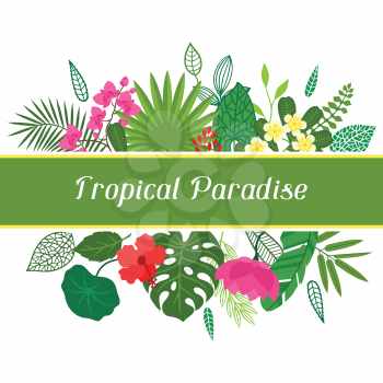 Tropical paradise card with stylized leaves and flowers.