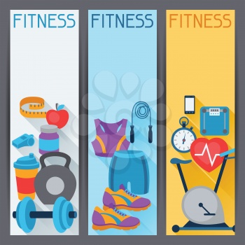 Sports vertical banners with fitness icons in flat style.