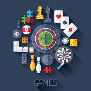 Background with game icons in flat design style. 