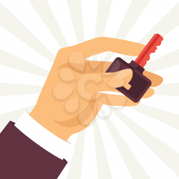 Illustration of hand holding key in flat style.