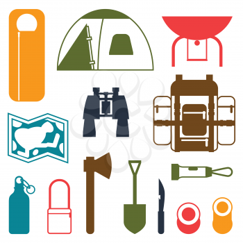 Tourist set of camping equipment icons in flat style.