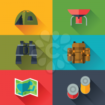 Tourist set of camping equipment icons in flat style.