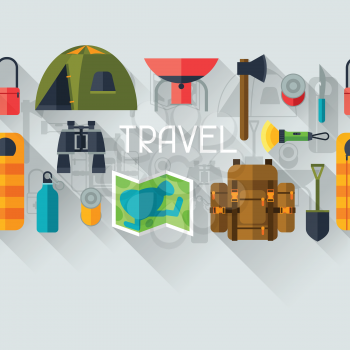 Tourist seamless pattern with camping equipment in flat style.
