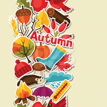 Seamless pattern with autumn sticker icons and objects.