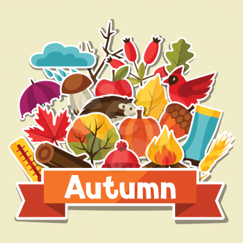Background design with autumn sticker icons and objects.