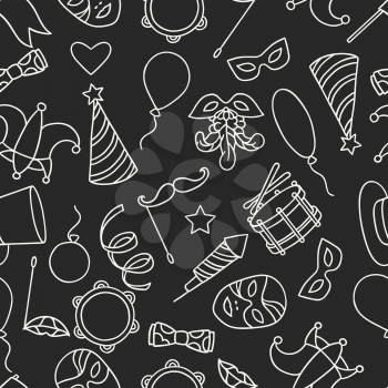 Carnival show seamless pattern with doodle icons and objects.