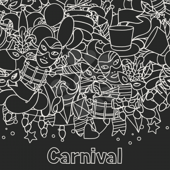 Carnival show seamless pattern with doodle icons and objects.
