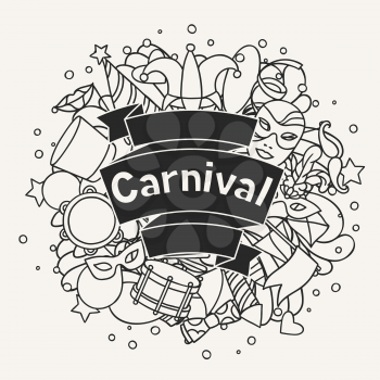 Carnival show background with doodle icons and objects.