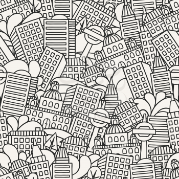 Town seamless pattern with hand drawn houses.