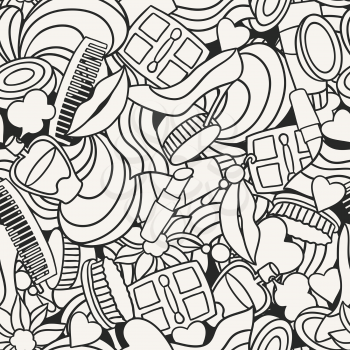 Beauty and fashion seamless pattern with cosmetic accessories.